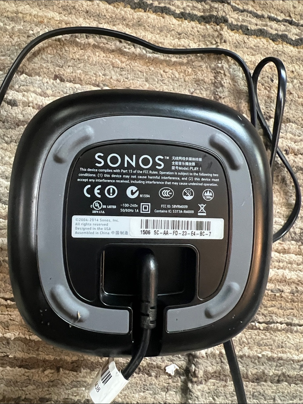 Sonos Play:1 Black Wireless Smart Speaker WiFi With Power Cable Tested Works